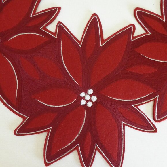 NEW 29” CHRISTMAS POINSETTIA EMBROIDERED WOOL TABLE RUNNER MAT CENTERPIECE - Picture 5 of 10